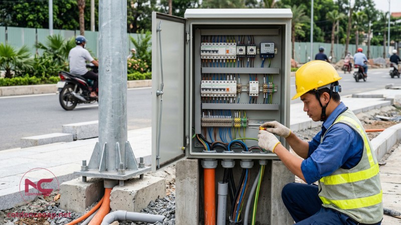 Kéo cáp điện và tủ điều khiển chiếu sáng