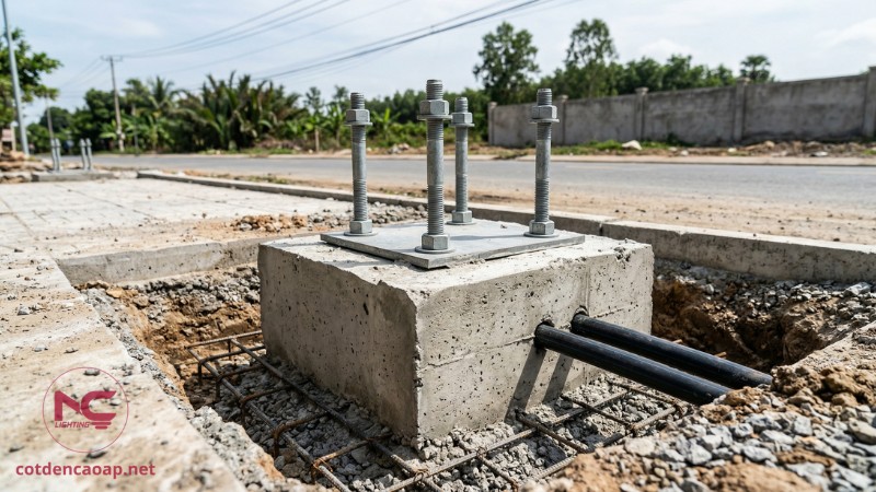 Thi công móng cột đèn chiếu sáng