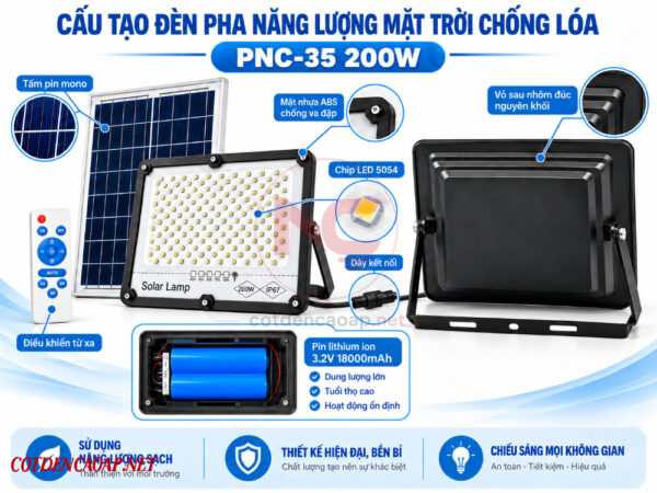 Đèn Pha LED Năng Lượng Mặt Trời Chống Lóa PNC-35 200W