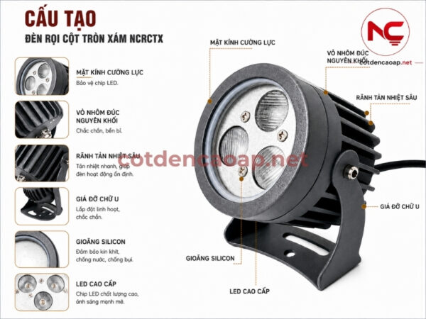 Đèn Rọi Cột Tròn Xám NCRCTX