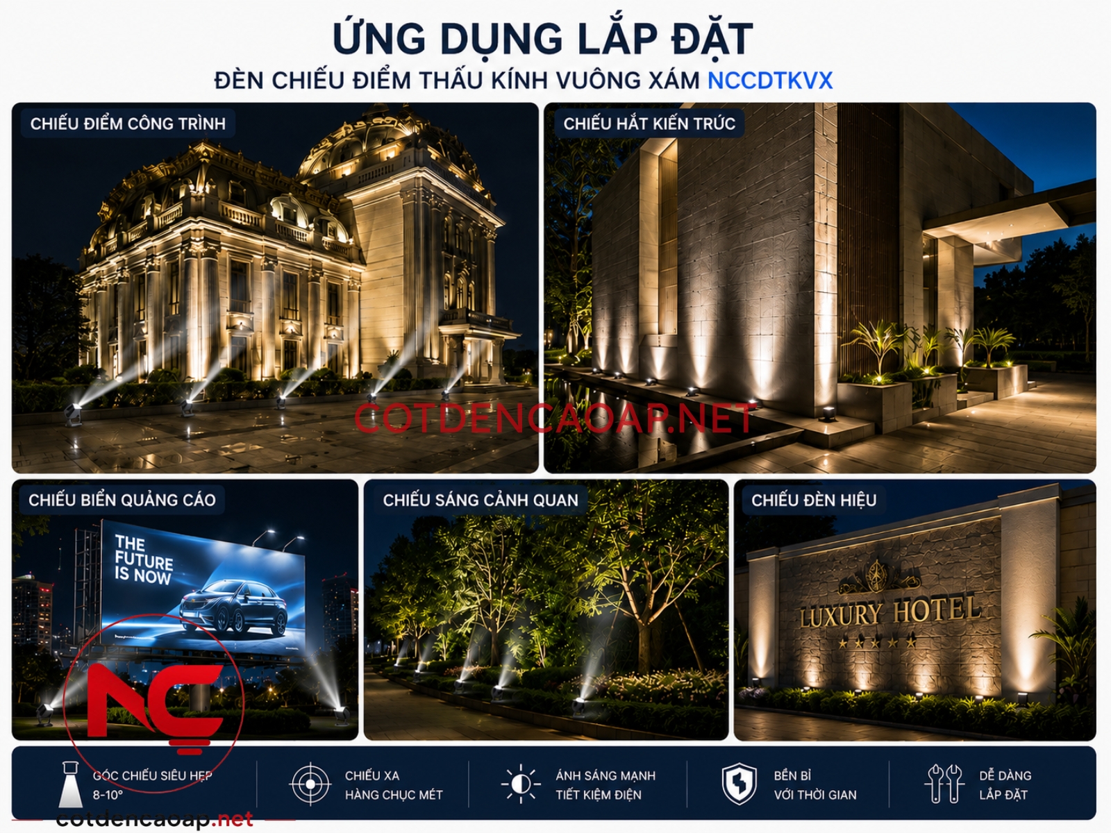 Ứng dụng đèn chiếu điểm vuông xám NCCDTKVX