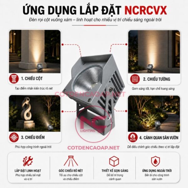 Ứng dụng của đèn rọi cột vuông xám NCRCVX