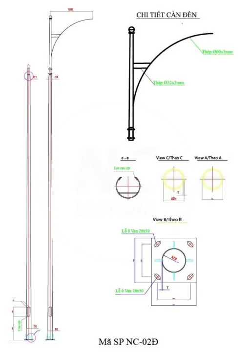 Bản vẽ cột đèn đường NC02 cần đơn