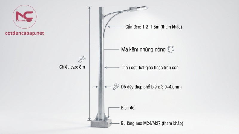 Thông số cột đèn cao áp 8m