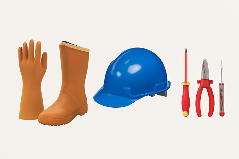 3.2. Thiết Bị Bảo Hộ Găng tay cách điện: Bảo vệ tay khi làm việc với thiết bị điện. Ủng cách điện: Bảo vệ chân khi tiếp xúc với mặt đất có điện. Mũ bảo hiểm: Bảo vệ đầu khi làm việc ở độ cao. Dụng cụ cách điện: Tua vít, kìm, bút thử điện có cách điện.