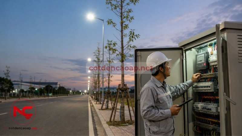Kỹ sư kiểm tra điện năng hệ thống chiếu sáng