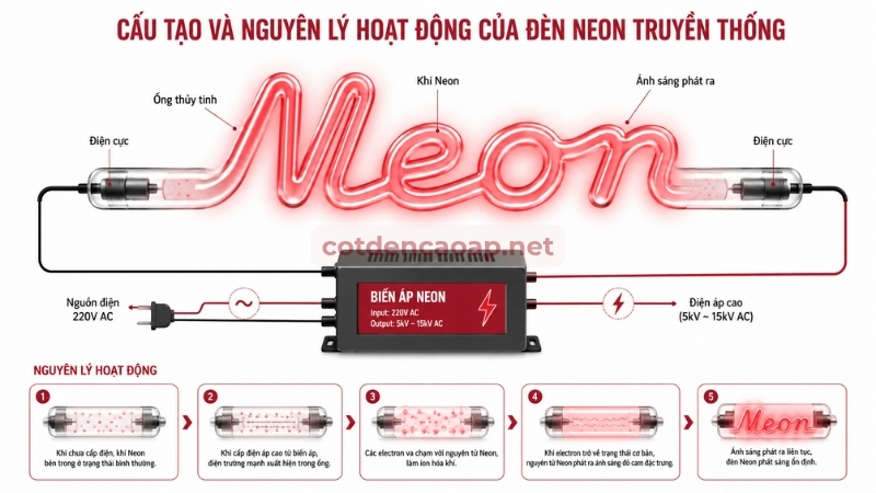Cấu tạo đèn neon truyền thống gồm ống thủy tinh khí neon và bộ biến áp