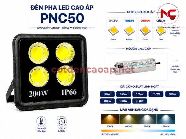 Đèn Pha LED Cao Áp PNC-50 50W-600W Chống Nước IP66
