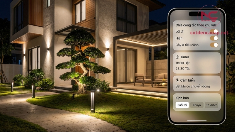 Điều khiển đèn sân vườn bằng cảm biến timer chia công tắc theo khu vực