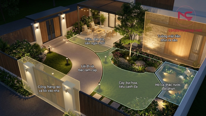 Phân khu chiếu sáng sân vườn lối đi cổng hiên cây tường hồ cá