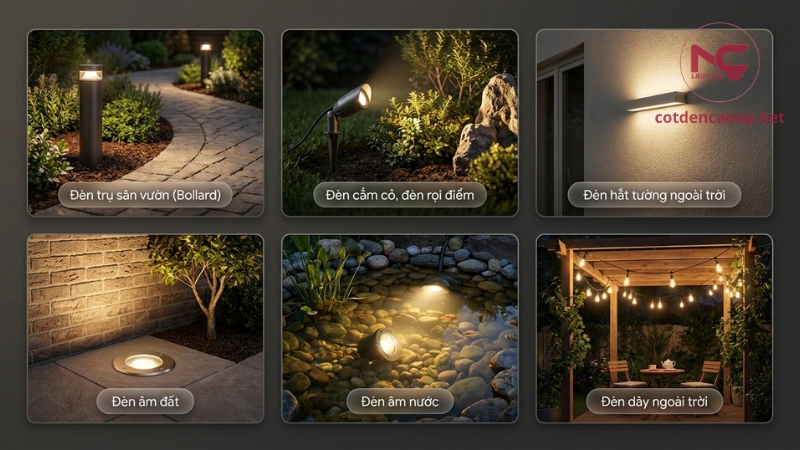 Các loại đèn sân vườn bollard rọi điểm hắt tường âm đất âm nước đèn dây