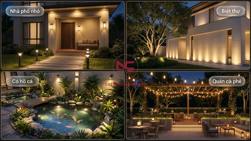 4 mẫu bố trí đèn sân vườn nhà phố biệt thự hồ cá quán cà phê