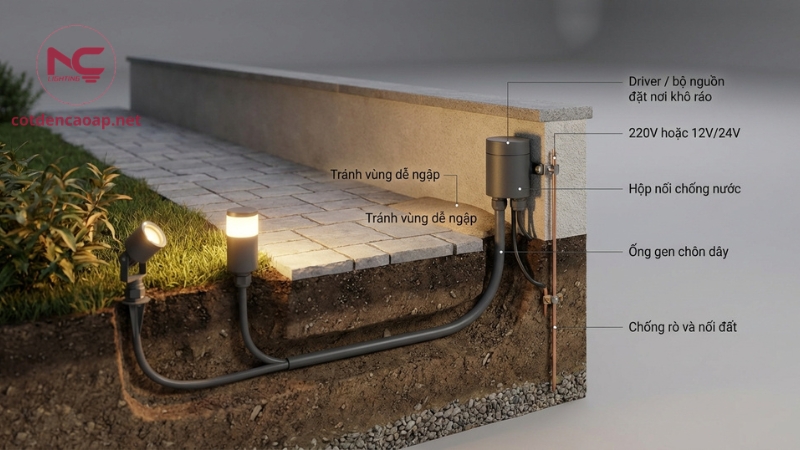 Sơ đồ đi dây đèn sân vườn an toàn 220V và 12V 24V hộp nối chống nước