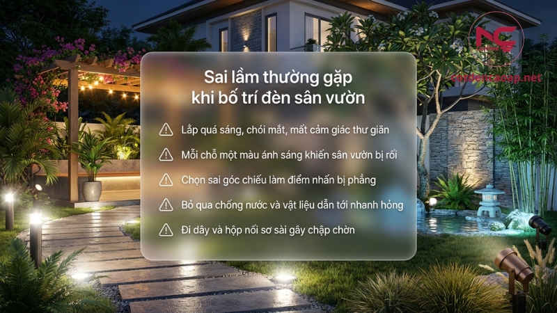 Sai lầm bố trí đèn sân vườn quá sáng lệch màu sai góc chiếu bỏ qua IP đi dây ẩu