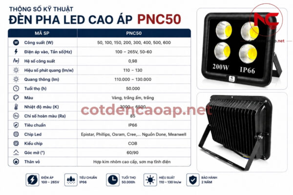 Đèn Pha LED Cao Áp PNC-50 50W-600W Chống Nước IP66