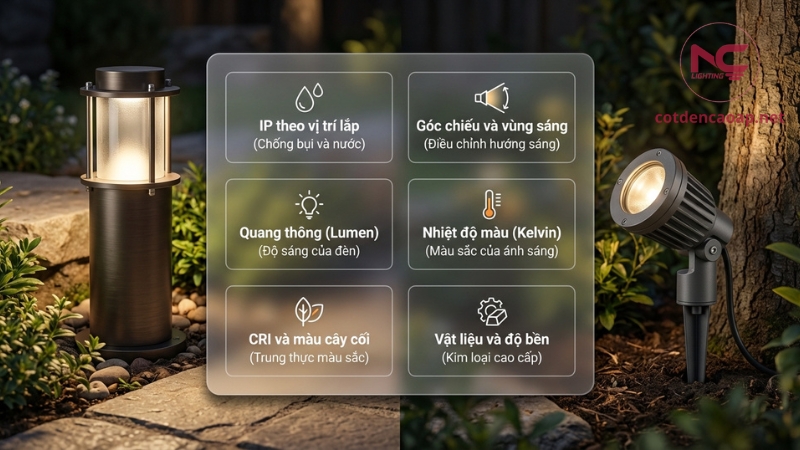 Thông số đèn sân vườn IP góc chiếu lumen Kelvin CRI vật liệu