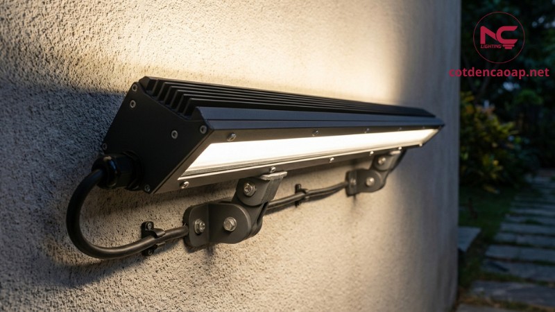 Cận cảnh đèn LED thanh ngoài trời gắn tường với giá đỡ và gioăng chống nước