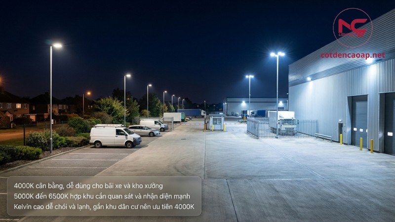 Bãi xe và nhà xưởng nên chọn 4000K hoặc 5000K đến 6500K tùy nhu cầu quan sát