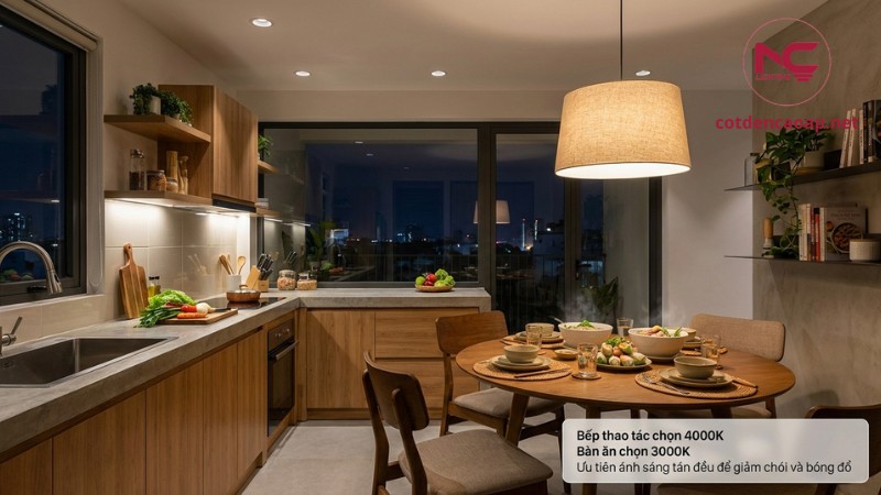 Bếp thao tác nên chọn 4000K và bàn ăn nên chọn 3000K để dễ chịu và ngon mắt
