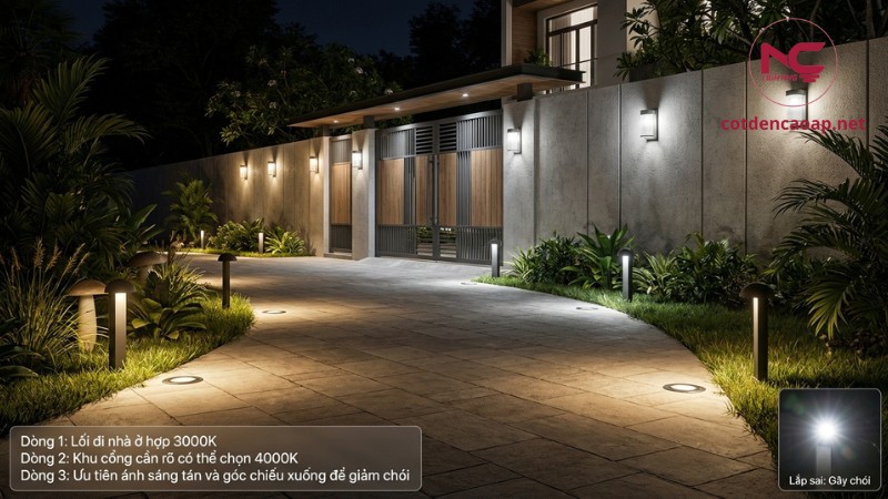 Lối đi và tường rào nên chọn 3000K hoặc 4000K và ưu tiên góc chiếu xuống để giảm chói