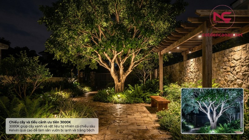 Chiếu cây và tiểu cảnh ngoài trời nên chọn 3000K để sân vườn ấm và có chiều sâu