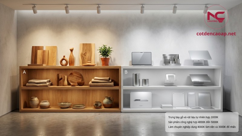 Chọn Kelvin cho showroom với 4000K làm nền và 3000K chiếu nhấn để trưng bày đẹp hơn