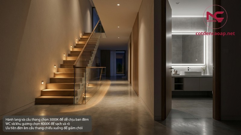 Hành lang cầu thang nên dùng 3000K và khu gương WC nên dùng 4000K để rõ và dễ chịu