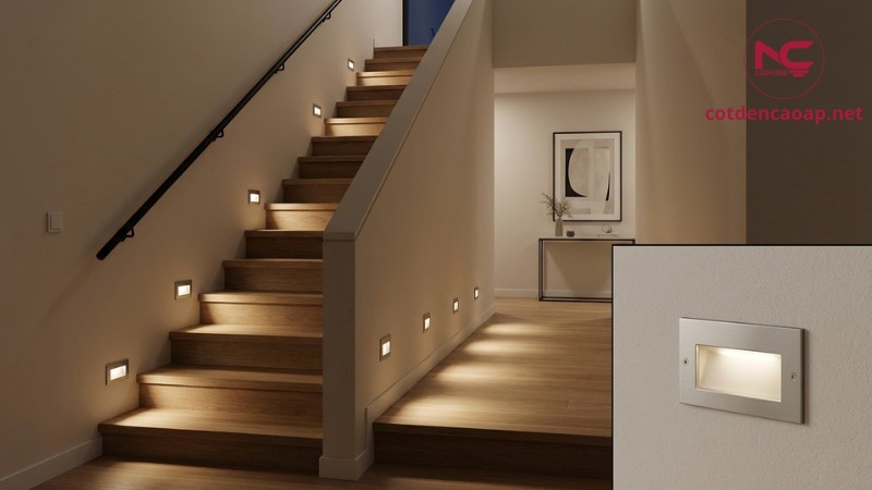 Công trình lắp đèn âm cầu thang ban đêm