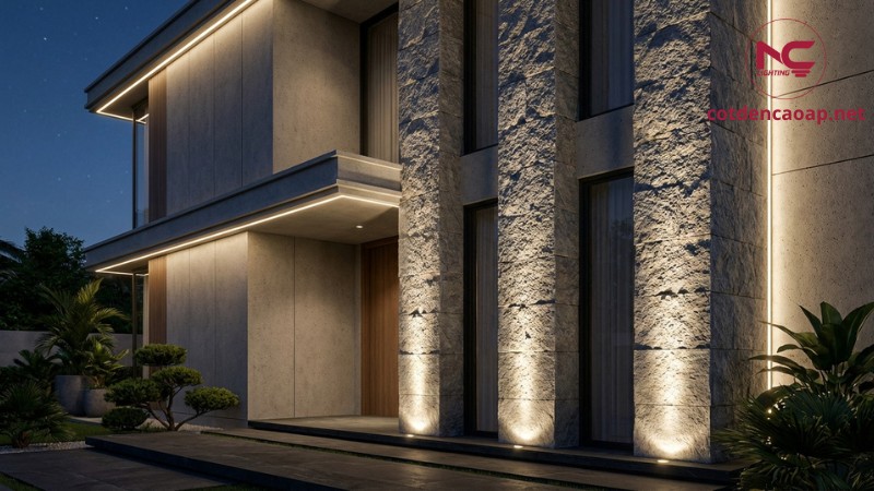 Đèn LED thanh nhấn cột và gờ phào mặt tiền biệt thự hiện đại