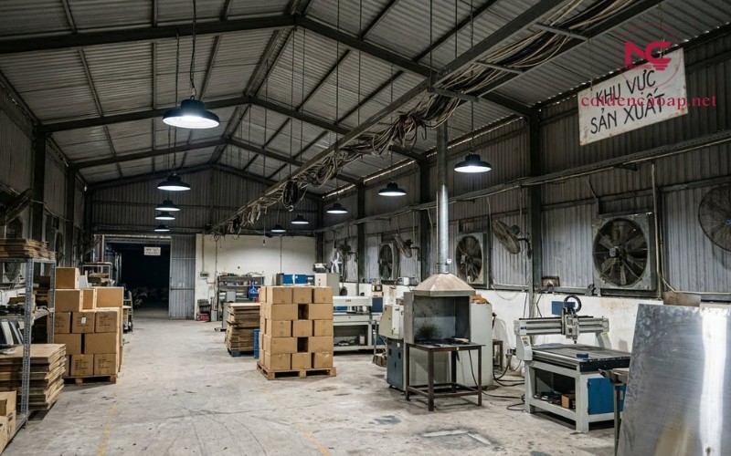 Đèn nhà xưởng LED highbay tại xưởng Việt Nam chiếu sáng trần cao