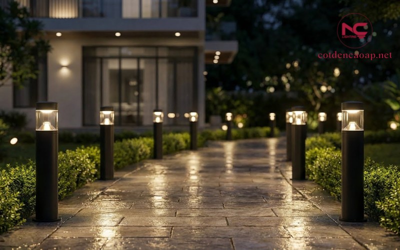 Đèn sân vườn chiếu sáng lối đi biệt thự ban đêm
