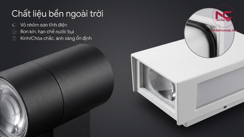 Cận cảnh chất liệu đèn treo tường: vỏ nhôm, ron kín, chóa đèn