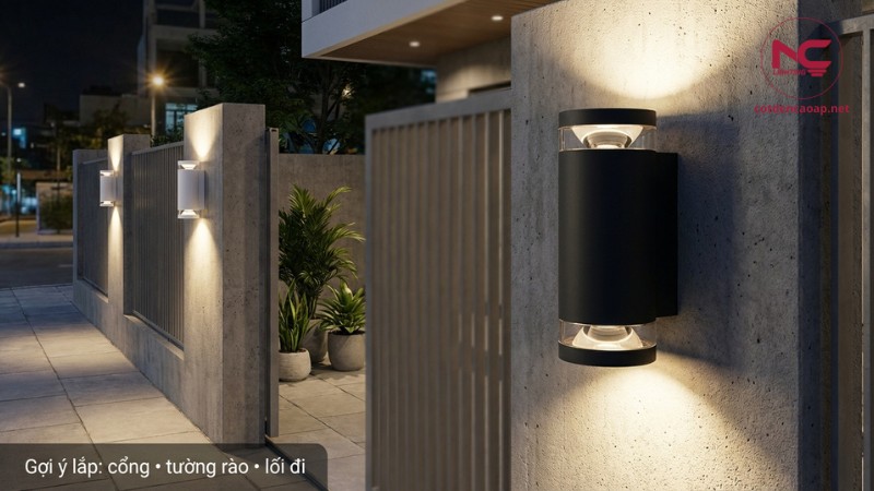 Ảnh thực tế đèn treo tường tròn 2 đầu đen và vuông 1 đầu trắng lắp cổng