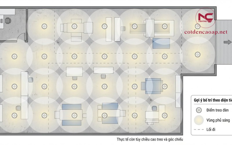 Sơ đồ gợi ý bố trí đèn nhà xưởng theo diện tích dạng lưới