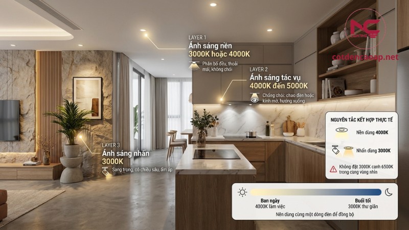 Infographic phối nhiệt độ màu Kelvin theo 3 lớp ánh sáng và cách phối 3000K 4000K đẹp
