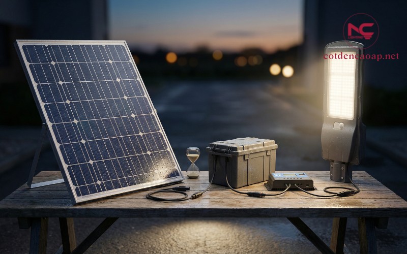 Tấm pin và pin lưu trữ trong hệ đèn năng lượng mặt trời