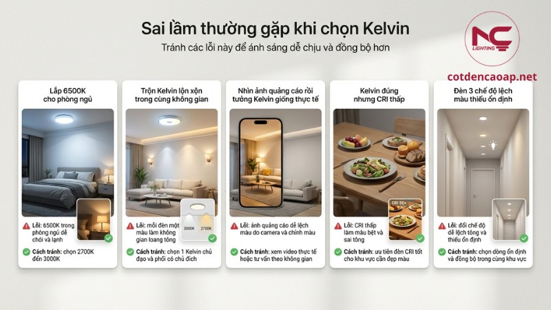Infographic sai lầm thường gặp khi chọn Kelvin và cách tránh để ánh sáng đồng bộ dễ chịu