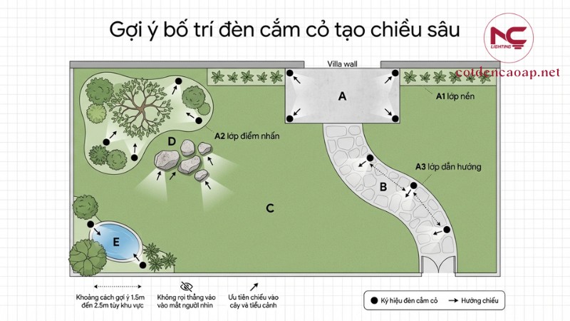 bố trí đèn LED cắm cỏ trong sân vườn biệt thự