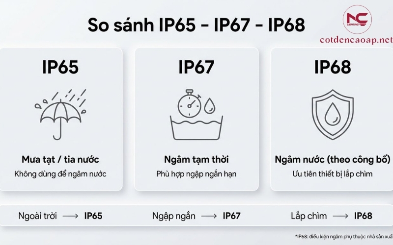so sánh IP68 với IP65 và IP67