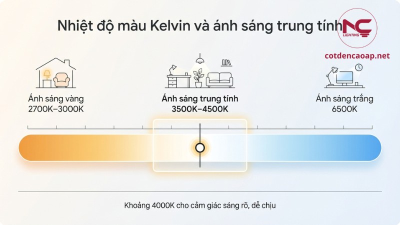 Thang Kelvin minh họa ánh sáng trung tính 3500K–4500K