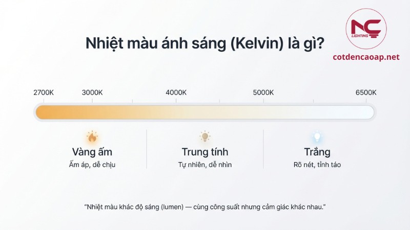Infographic thang nhiệt màu Kelvin 2700K 4000K 6500K cho đèn LED