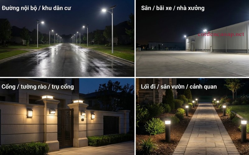 Ứng dụng đèn năng lượng mặt trời: đường, sân bãi, cổng, cảnh quan