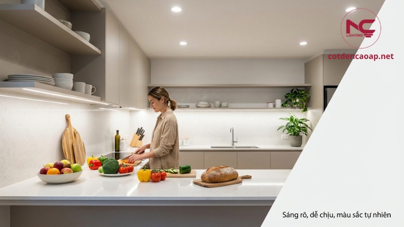 Không gian bếp sáng rõ với ánh sáng trung tính 4000K