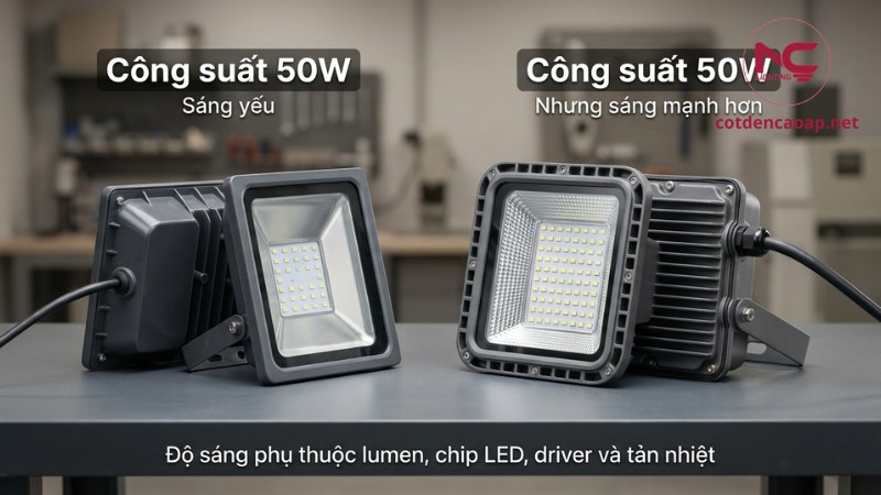 Minh họa hai đèn cùng công suất nhưng độ sáng khác nhau