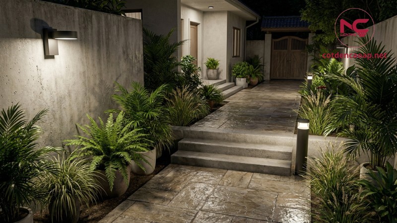 Minh họa lối đi ngoài trời đủ sáng và ánh sáng phân bố đều không chói