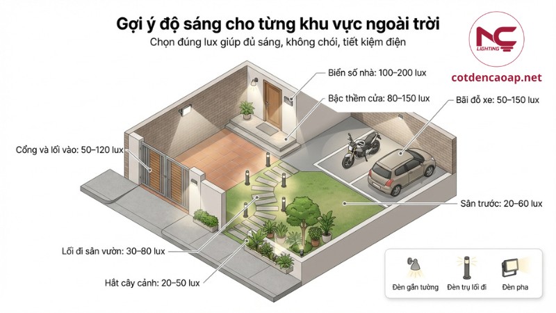 Sơ đồ gợi ý độ sáng lux phù hợp cho các khu vực ngoài trời