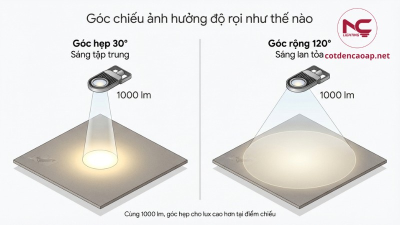 So sánh góc chiếu hẹp và góc chiếu rộng cùng quang thông