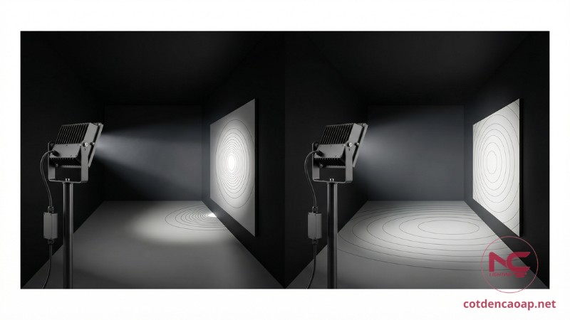 Ví dụ chiếu xa và chiếu phủ cùng công suất để thấy khác biệt candela và góc chiếu