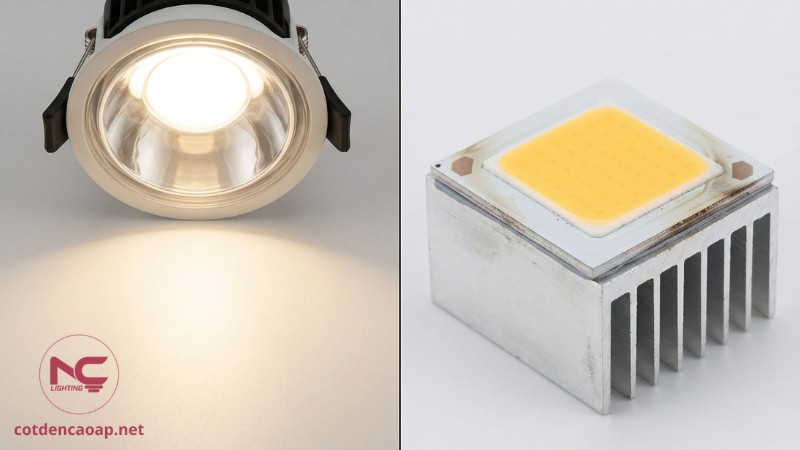 Minh họa ưu điểm ánh sáng đồng đều của COB và hạn chế phụ thuộc tản nhiệt heatsink
