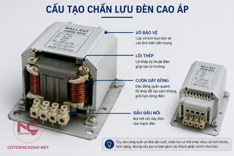 Cấu tạo cơ bản của chấn lưu đèn cao áp gồm lõi thép và cuộn dây